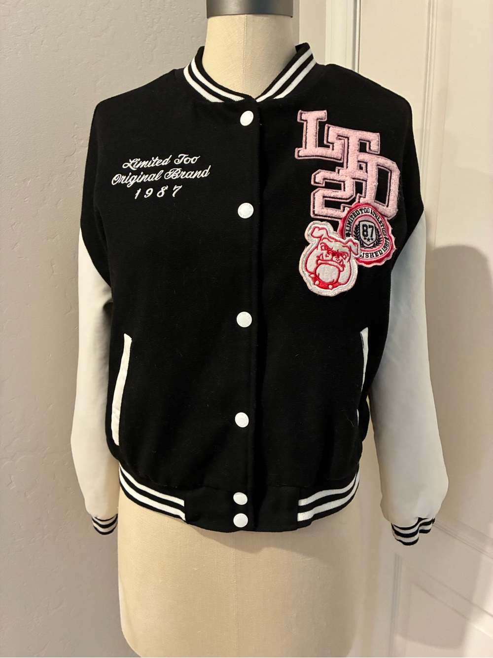 Limited Too Black and White Varsity Jacket with Pink Patches